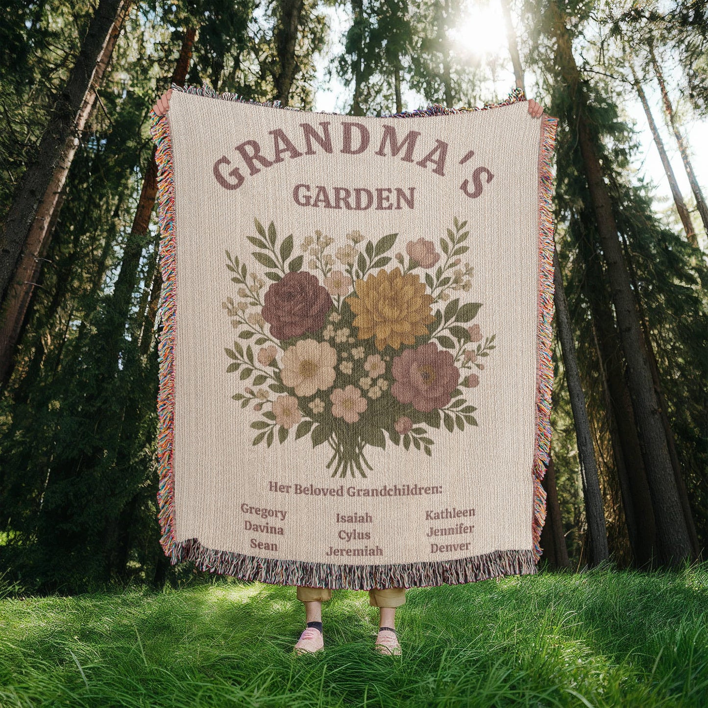 Personalized Grandma's Garden Woven Blanket | Custom Grandchildren Names Throw | Heirloom Mother's Day Gift | 100% Cotton Tapestry