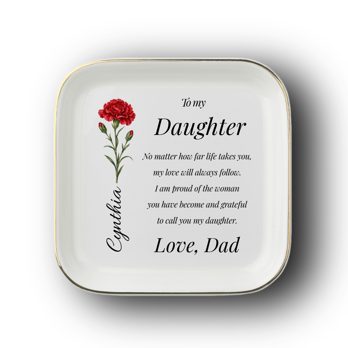 Personalized Daughter Jewelry Dish, Birth Flower Name Keepsake, Daughter Gift from Dad, Custom Ceramic Ring Holder, Sentimental Gift