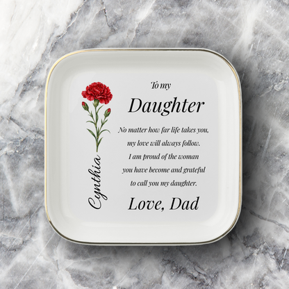Personalized Daughter Jewelry Dish, Birth Flower Name Keepsake, Daughter Gift from Dad, Custom Ceramic Ring Holder, Sentimental Gift