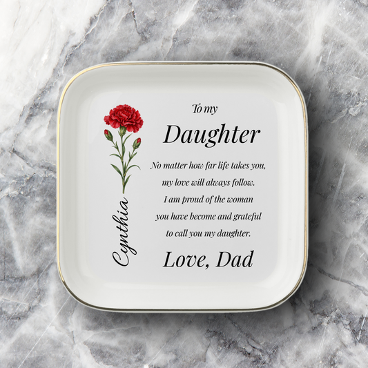 Personalized Daughter Jewelry Dish, Birth Flower Name Keepsake, Daughter Gift from Dad, Custom Ceramic Ring Holder, Sentimental Gift