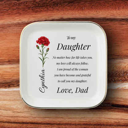 Personalized Daughter Jewelry Dish, Birth Flower Name Keepsake, Daughter Gift from Dad, Custom Ceramic Ring Holder, Sentimental Gift