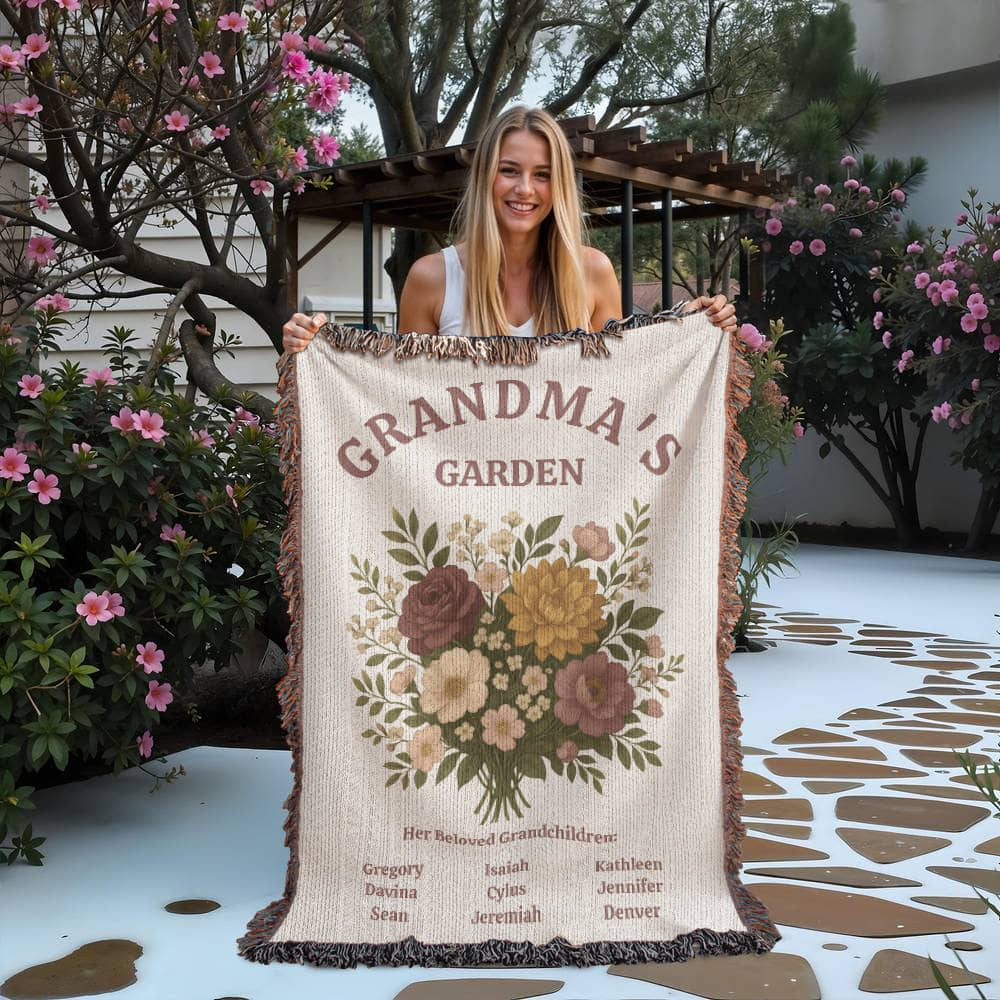Personalized Grandma's Garden Woven Blanket | Custom Grandchildren Names Throw | Heirloom Mother's Day Gift | 100% Cotton Tapestry