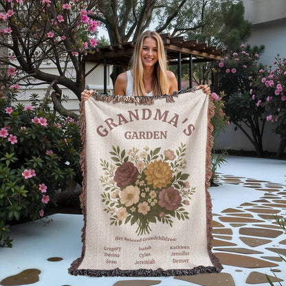 Personalized Grandma's Garden Woven Blanket | Custom Grandchildren Names Throw | Heirloom Mother's Day Gift | 100% Cotton Tapestry