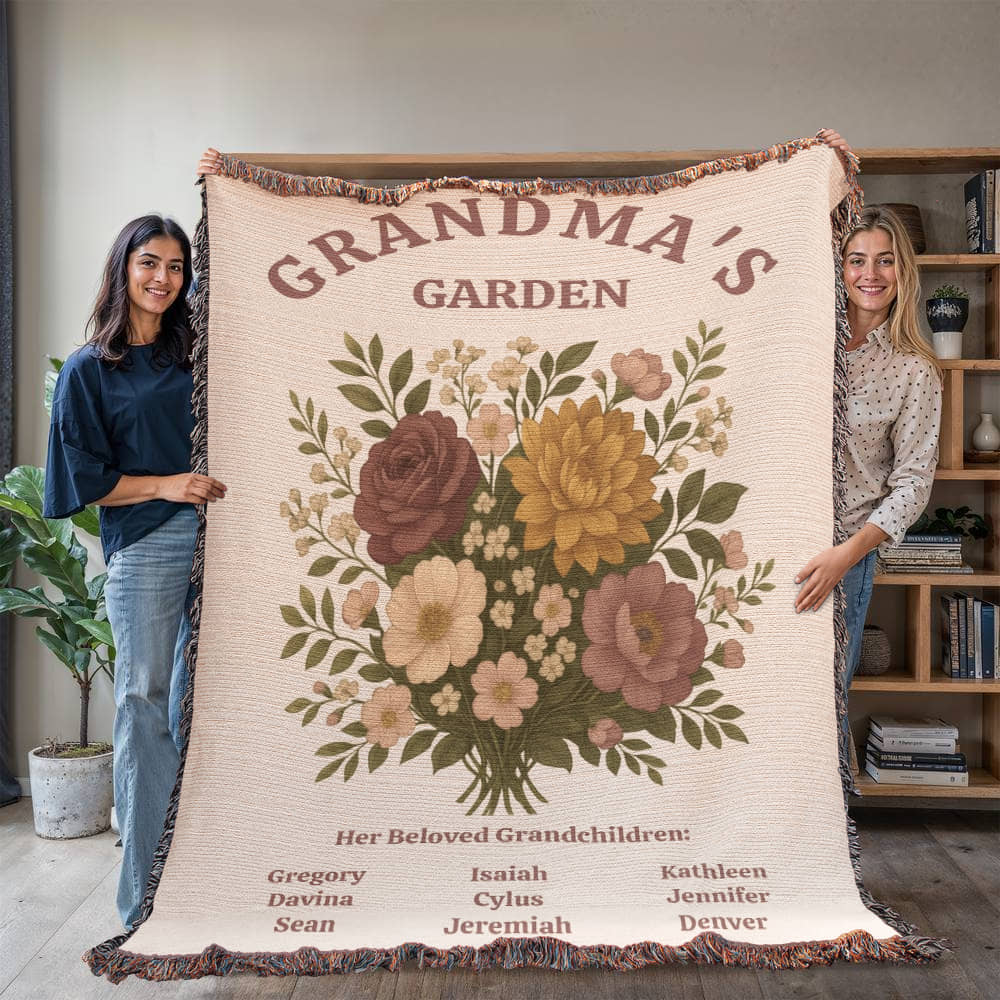 Personalized Grandma's Garden Woven Blanket | Custom Grandchildren Names Throw | Heirloom Mother's Day Gift | 100% Cotton Tapestry