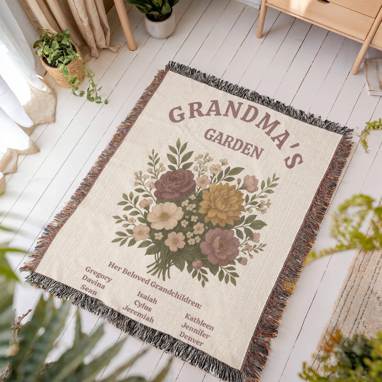 Personalized Grandma's Garden Woven Blanket | Custom Grandchildren Names Throw | Heirloom Mother's Day Gift | 100% Cotton Tapestry