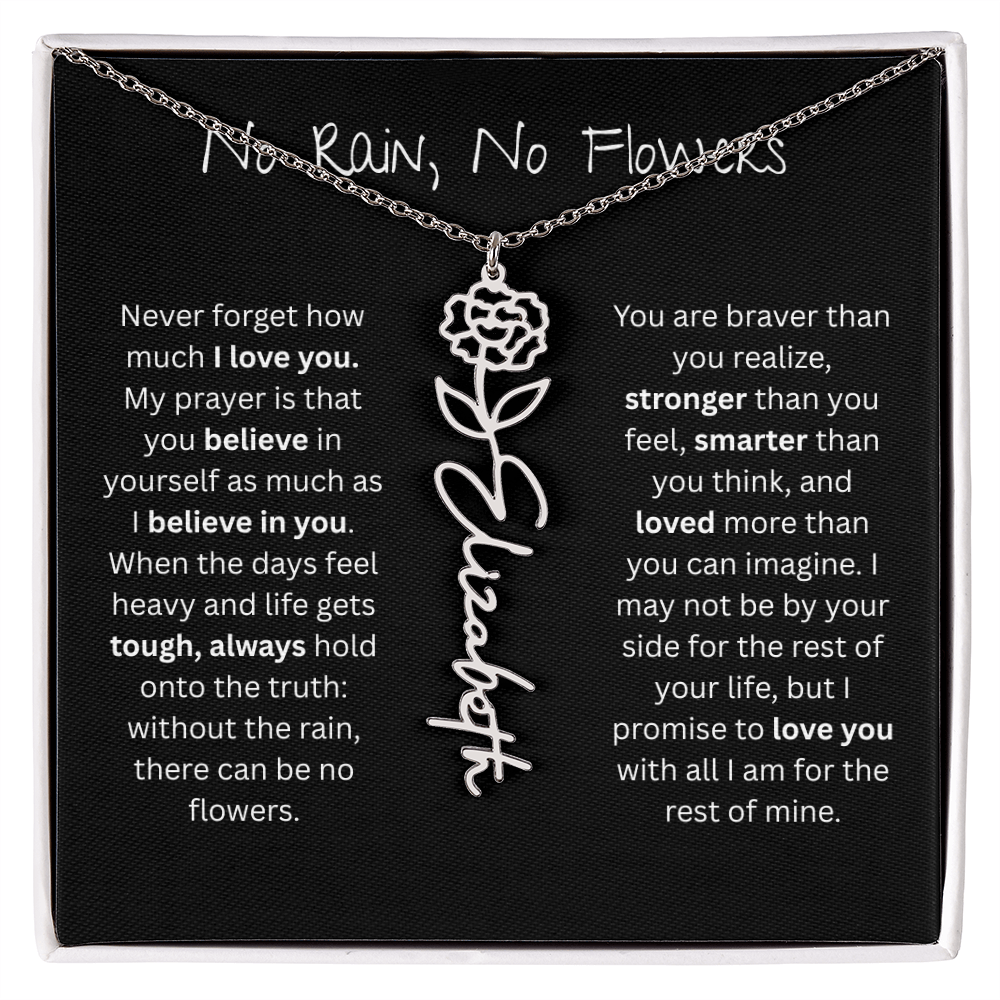 Personalized Birth Flower Name Necklace - No Rain No Flowers Edition