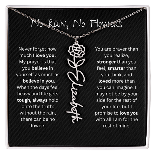 Personalized Birth Flower Name Necklace - No Rain No Flowers Edition
