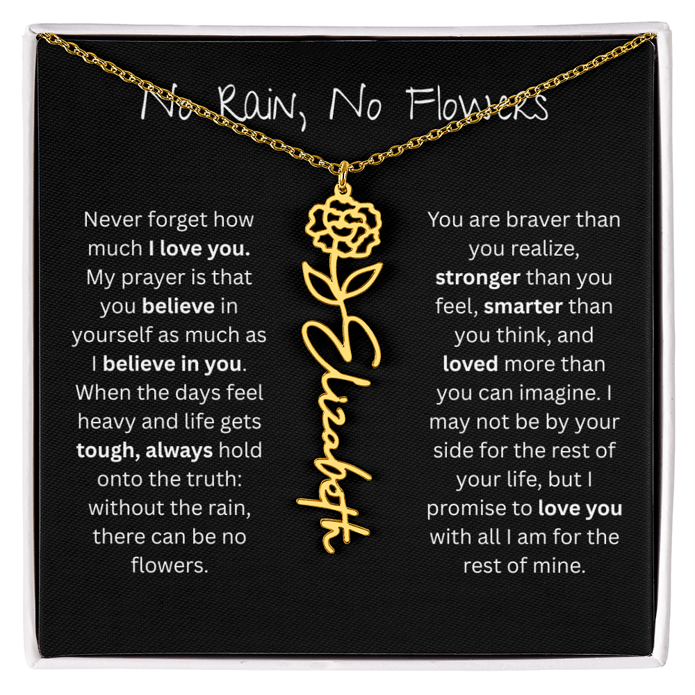Personalized Birth Flower Name Necklace - No Rain No Flowers Edition