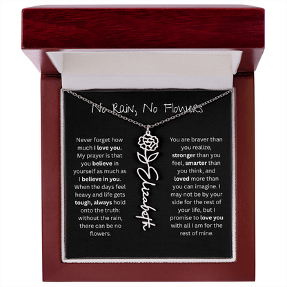 Personalized Birth Flower Name Necklace - No Rain No Flowers Edition