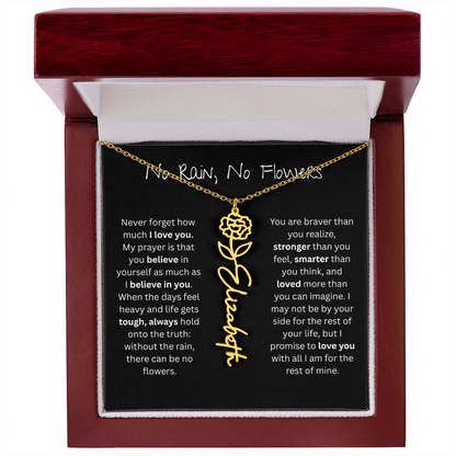 Personalized Birth Flower Name Necklace - No Rain No Flowers Edition