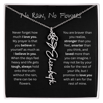 Personalized Birth Flower Name Necklace - No Rain No Flowers Edition