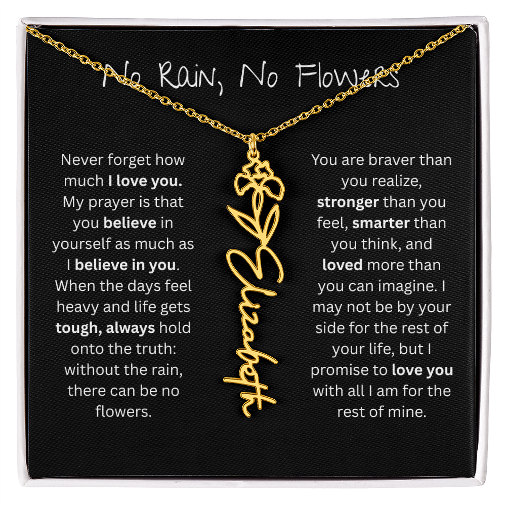 Personalized Birth Flower Name Necklace - No Rain No Flowers Edition