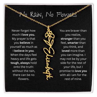 Personalized Birth Flower Name Necklace - No Rain No Flowers Edition
