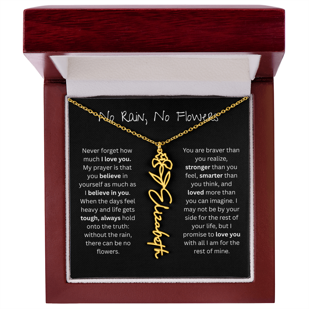 Personalized Birth Flower Name Necklace - No Rain No Flowers Edition