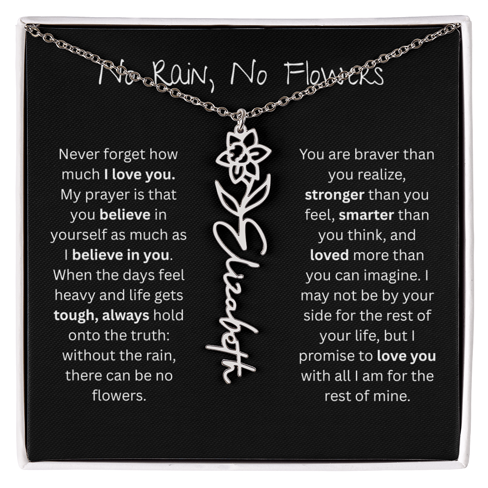 Personalized Birth Flower Name Necklace - No Rain No Flowers Edition