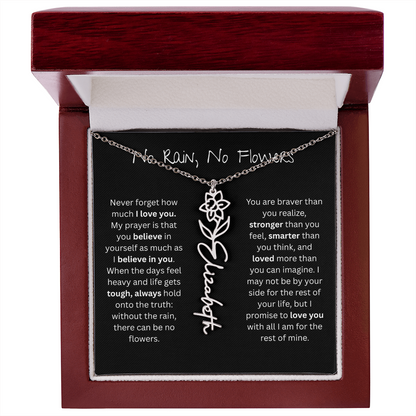 Personalized Birth Flower Name Necklace - No Rain No Flowers Edition