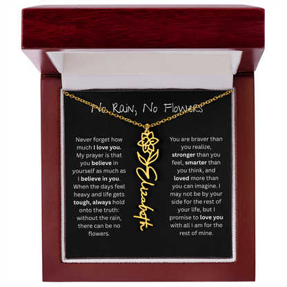 Personalized Birth Flower Name Necklace - No Rain No Flowers Edition