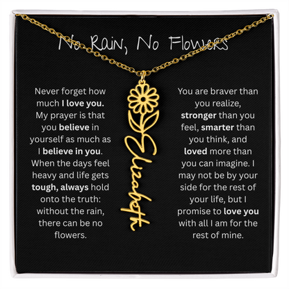 Personalized Birth Flower Name Necklace - No Rain No Flowers Edition