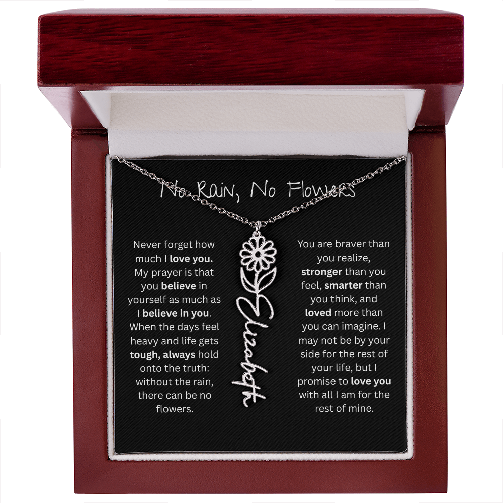 Personalized Birth Flower Name Necklace - No Rain No Flowers Edition