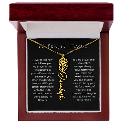 Personalized Birth Flower Name Necklace - No Rain No Flowers Edition