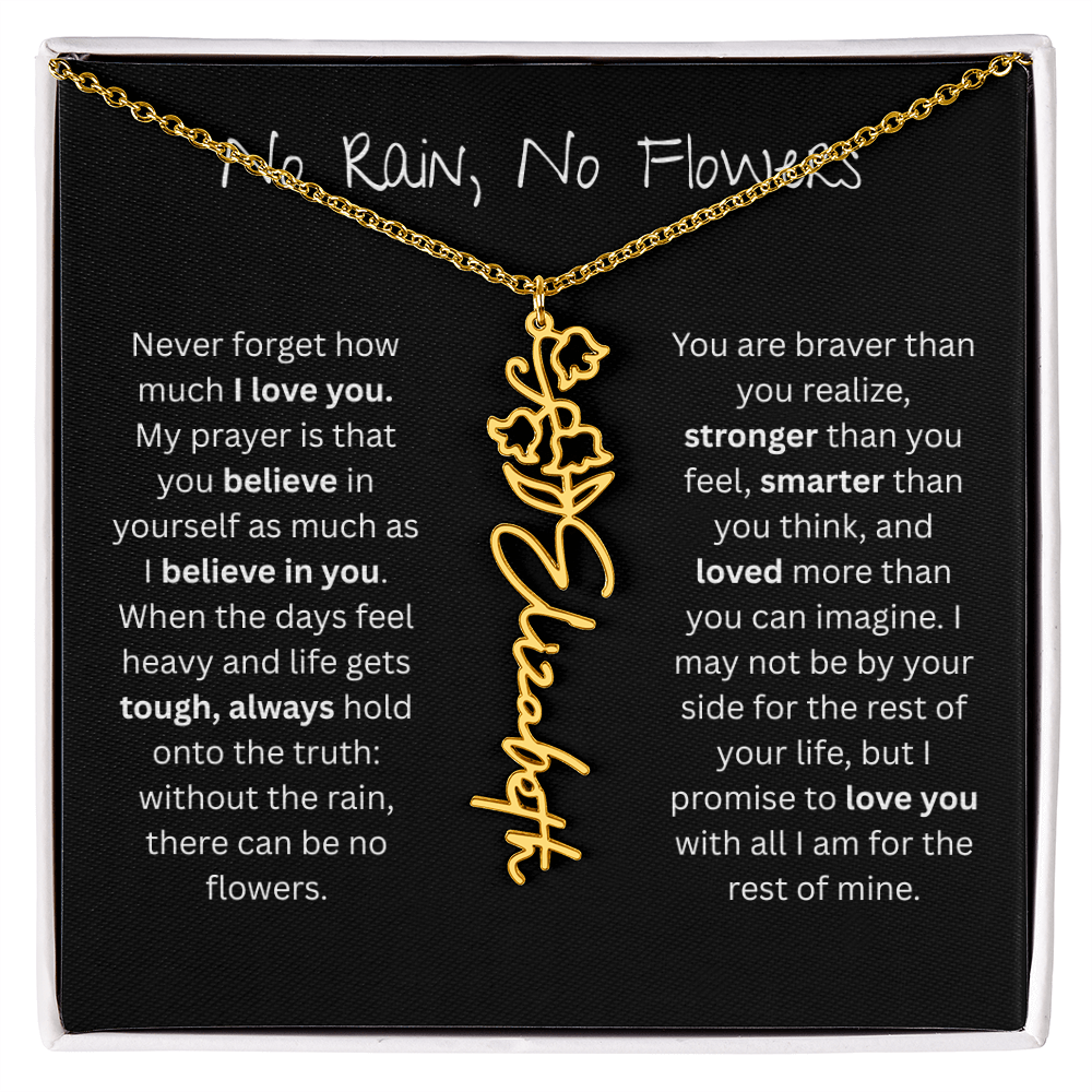 Personalized Birth Flower Name Necklace - No Rain No Flowers Edition