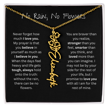 Personalized Birth Flower Name Necklace - No Rain No Flowers Edition
