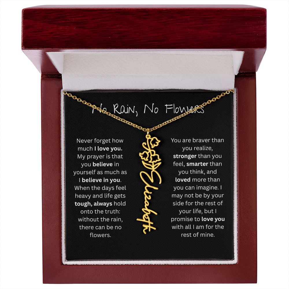 Personalized Birth Flower Name Necklace - No Rain No Flowers Edition