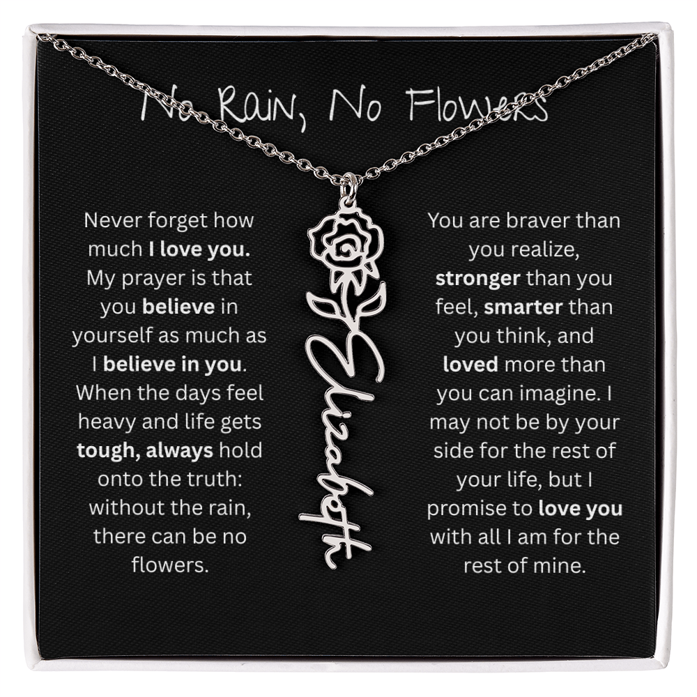 Personalized Birth Flower Name Necklace - No Rain No Flowers Edition