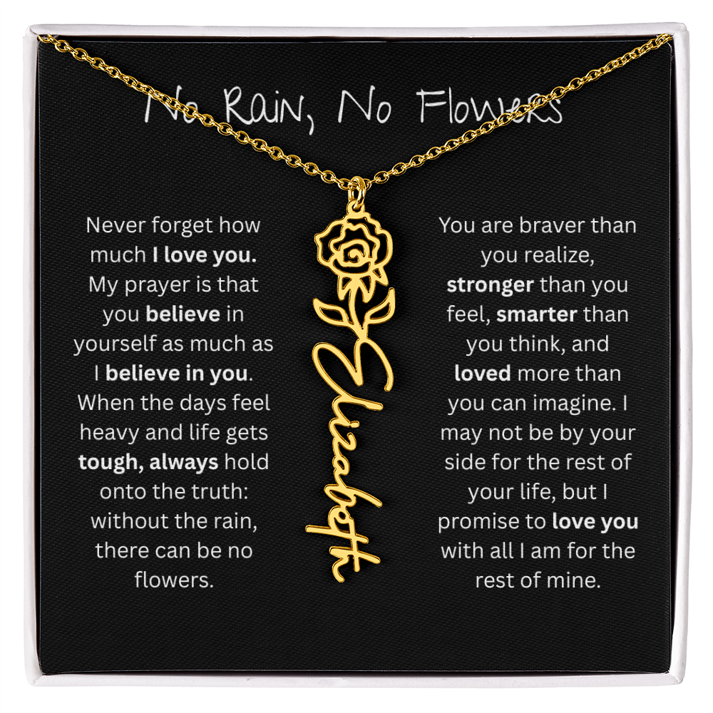 Personalized Birth Flower Name Necklace - No Rain No Flowers Edition
