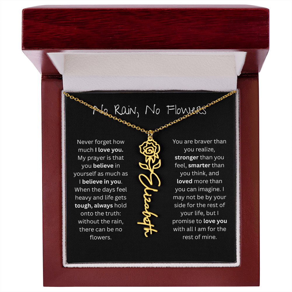 Personalized Birth Flower Name Necklace - No Rain No Flowers Edition