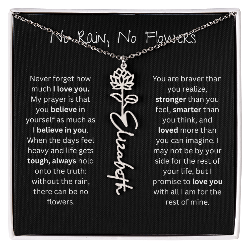 Personalized Birth Flower Name Necklace - No Rain No Flowers Edition