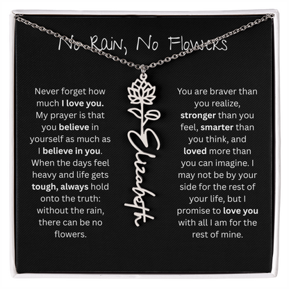 Personalized Birth Flower Name Necklace - No Rain No Flowers Edition