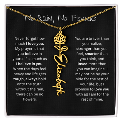 Personalized Birth Flower Name Necklace - No Rain No Flowers Edition