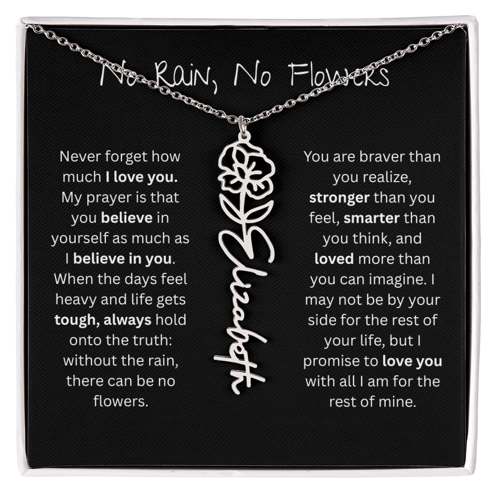 Personalized Birth Flower Name Necklace - No Rain No Flowers Edition