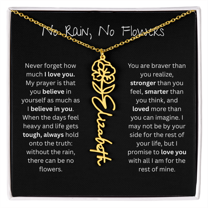 Personalized Birth Flower Name Necklace - No Rain No Flowers Edition