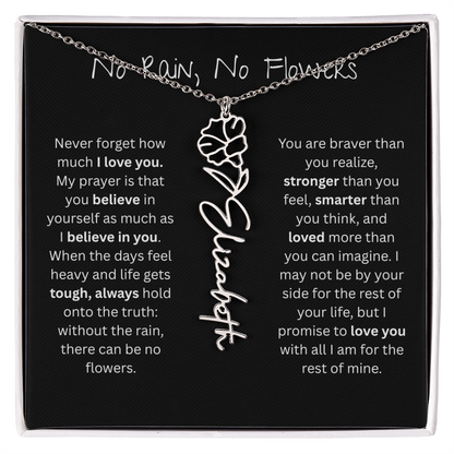 Personalized Birth Flower Name Necklace - No Rain No Flowers Edition