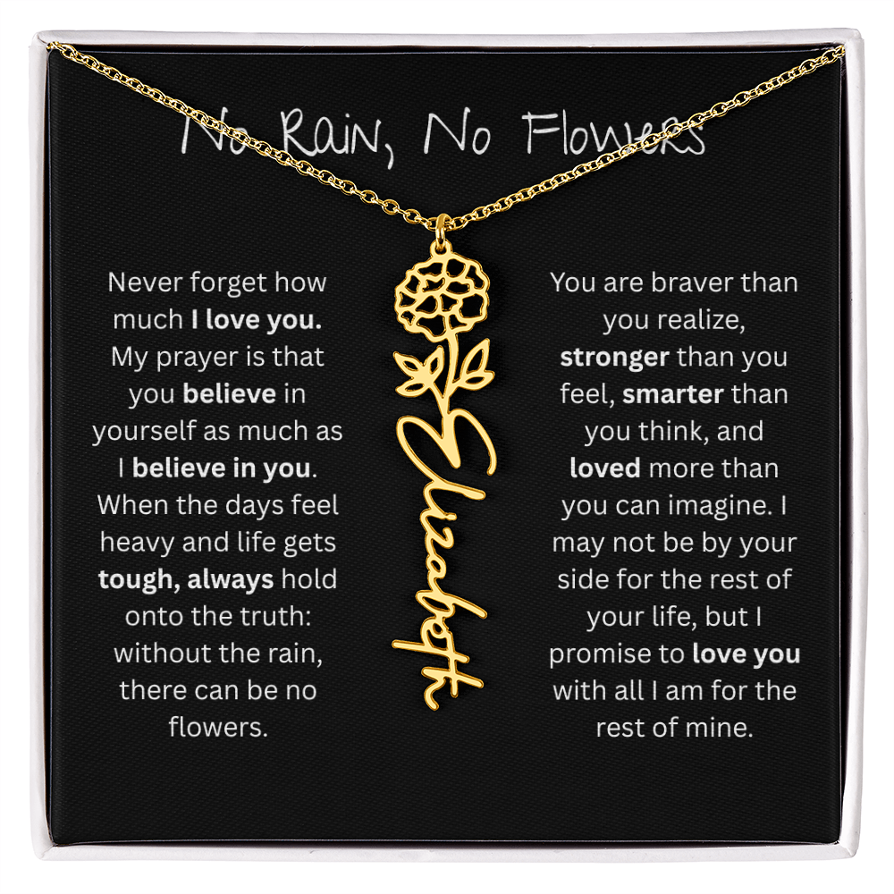 Personalized Birth Flower Name Necklace - No Rain No Flowers Edition