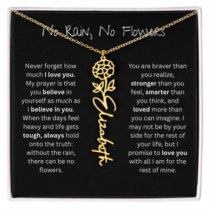 Personalized Birth Flower Name Necklace - No Rain No Flowers Edition