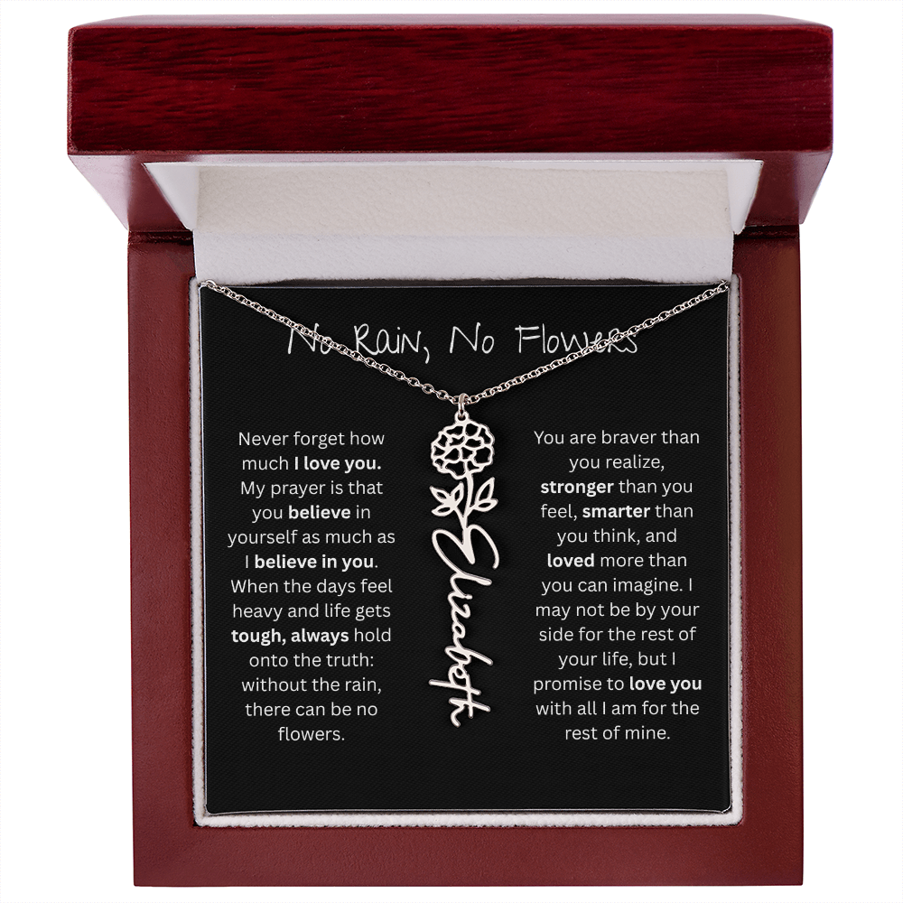 Personalized Birth Flower Name Necklace - No Rain No Flowers Edition