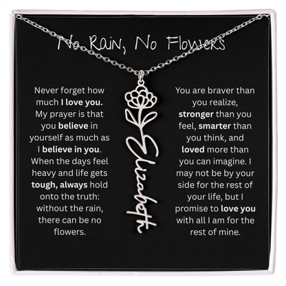 Personalized Birth Flower Name Necklace - No Rain No Flowers Edition