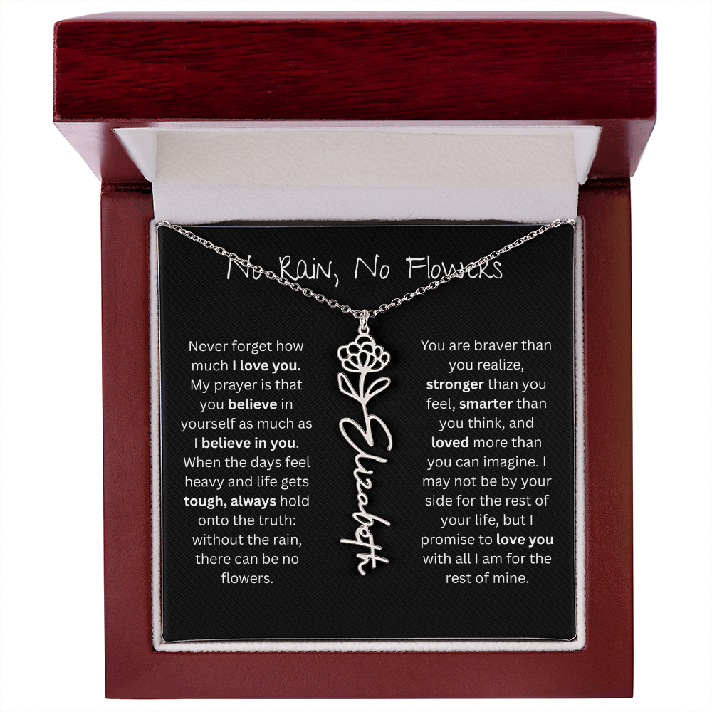 Personalized Birth Flower Name Necklace - No Rain No Flowers Edition