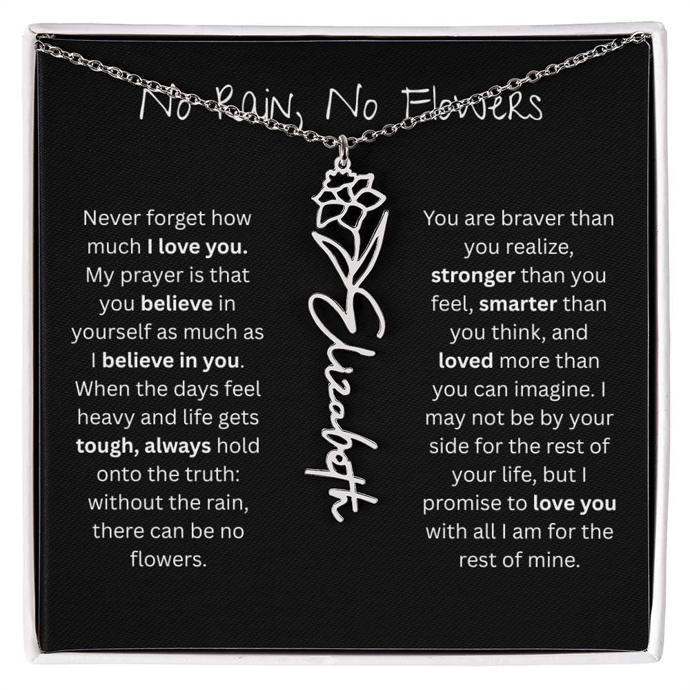 Personalized Birth Flower Name Necklace - No Rain No Flowers Edition
