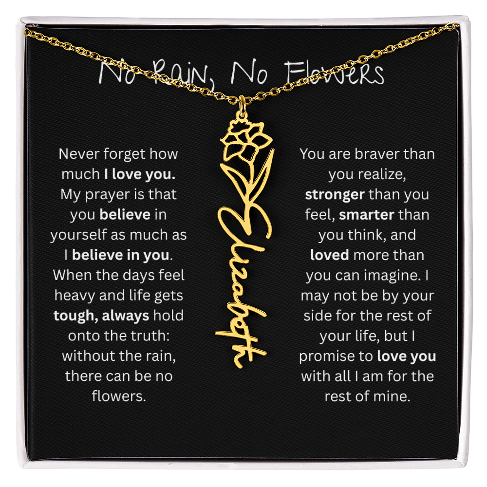 Personalized Birth Flower Name Necklace - No Rain No Flowers Edition