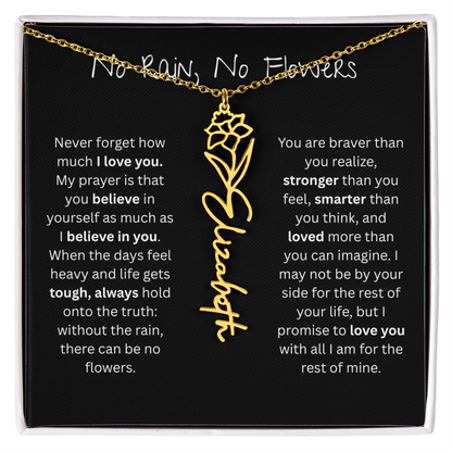 Personalized Birth Flower Name Necklace - No Rain No Flowers Edition