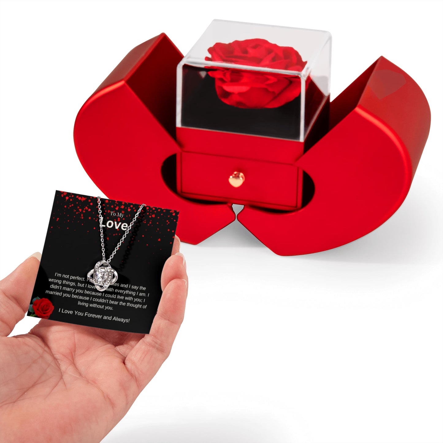 "My Love" Love Knot Necklace & Eternal Rose Gift Box - Imperfect Love & Commitment Jewelry Set