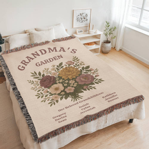 Personalized Grandma's Garden Woven Blanket | Custom Grandchildren Names Throw | Heirloom Mother's Day Gift | 100% Cotton Tapestry