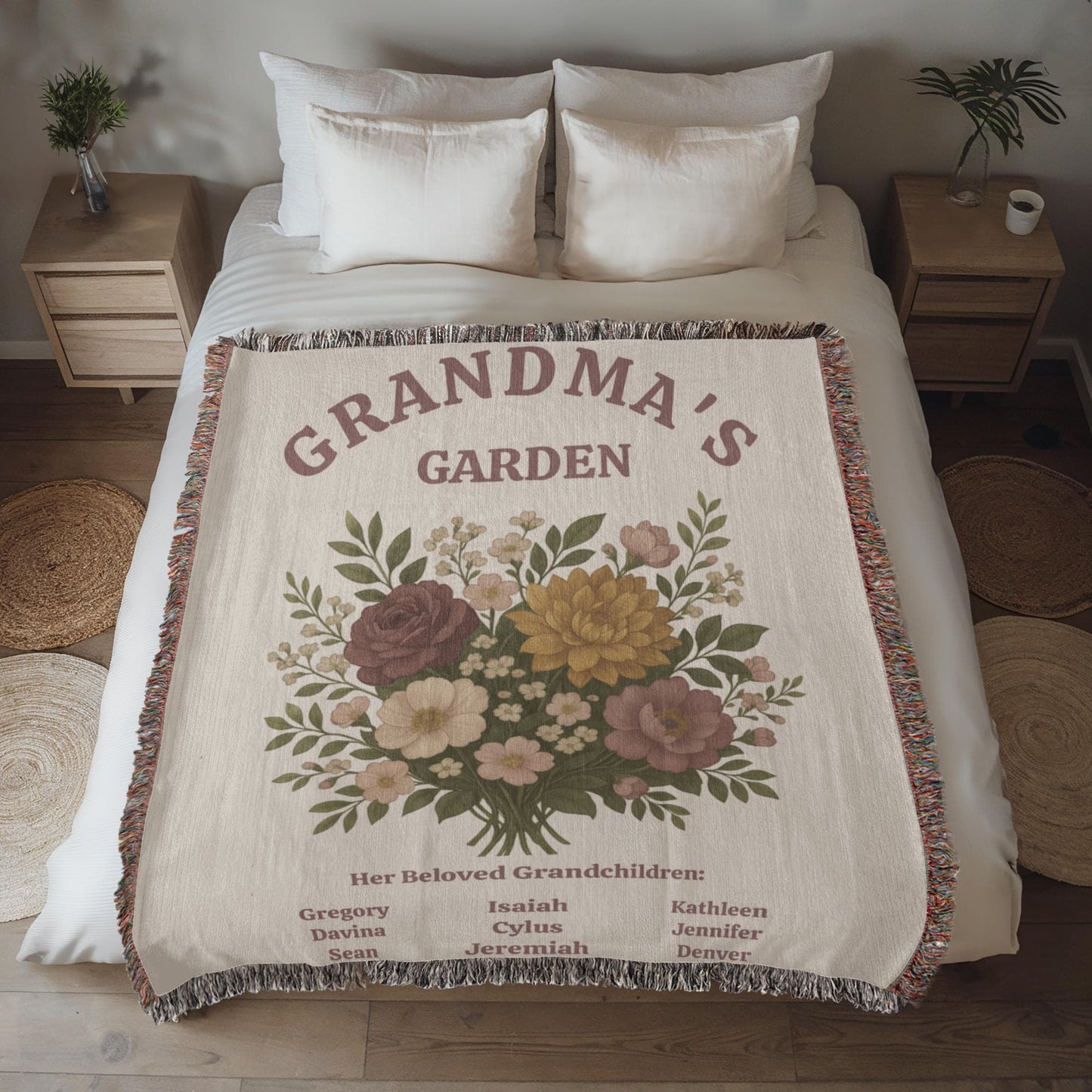 Personalized Grandma's Garden Woven Blanket | Custom Grandchildren Names Throw | Heirloom Mother's Day Gift | 100% Cotton Tapestry
