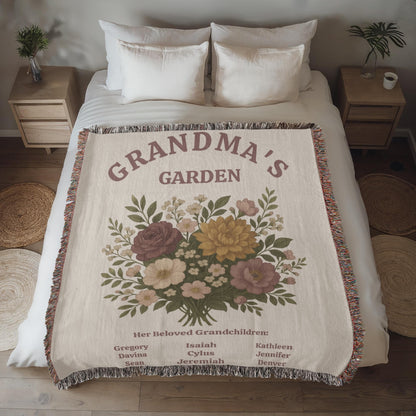 Personalized Grandma's Garden Woven Blanket | Custom Grandchildren Names Throw | Heirloom Mother's Day Gift | 100% Cotton Tapestry